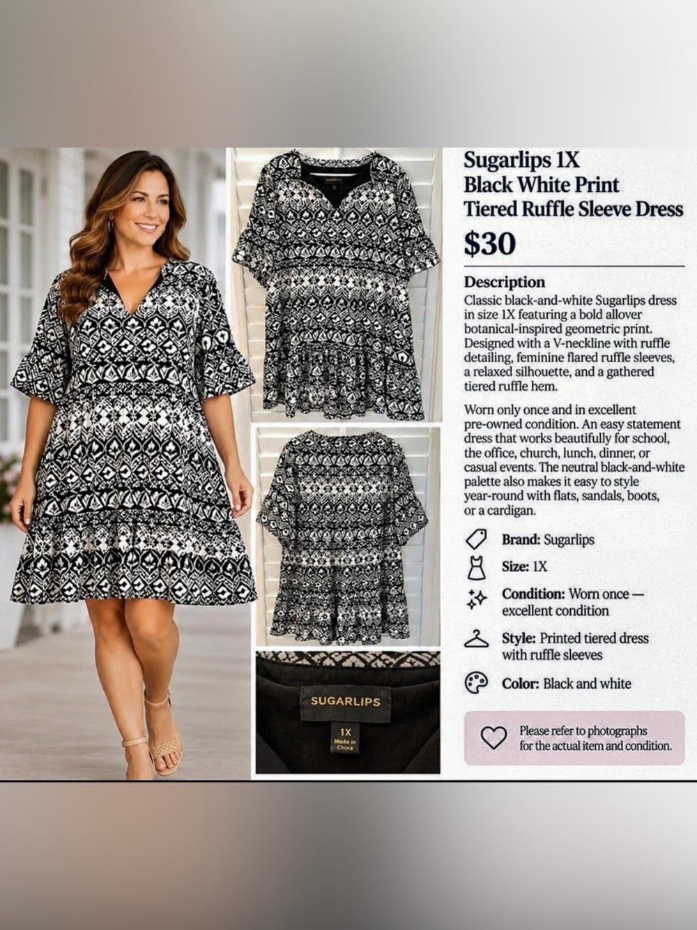 Sugarlips Tiered Ruffle Sleeve Dress Geometric Mini Dress Black & White 1X Like